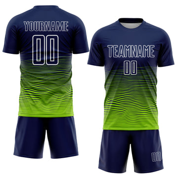 Custom Navy White-Neon Green Gradient Wave Line Sports Sublimation Soccer Uniform Jersey