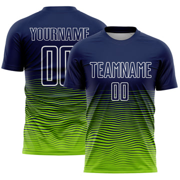 Custom Navy White-Neon Green Gradient Wave Line Sports Sublimation Soccer Uniform Jersey