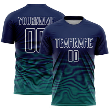 Custom Navy White-Teal Gradient Wave Line Sports Sublimation Soccer Uniform Jersey