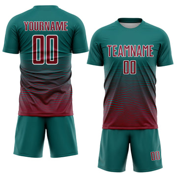 Custom Teal Crimson-White Gradient Wave Line Sports Sublimation Soccer Uniform Jersey