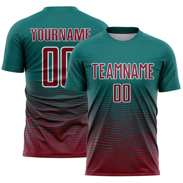 Custom Teal Crimson-White Gradient Wave Line Sports Sublimation Soccer Uniform Jersey