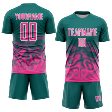 Custom Teal Pink-White Gradient Wave Line Sports Sublimation Soccer Uniform Jersey