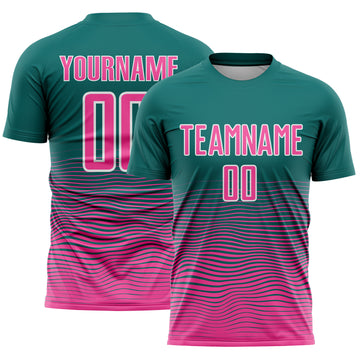 Custom Teal Pink-White Gradient Wave Line Sports Sublimation Soccer Uniform Jersey