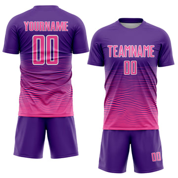 Custom Purple Pink-White Gradient Wave Line Sports Sublimation Soccer Uniform Jersey