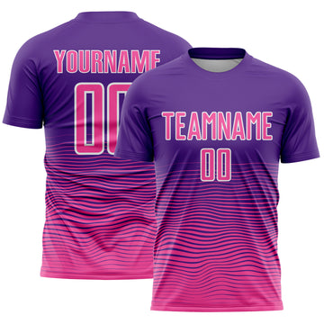 Custom Purple Pink-White Gradient Wave Line Sports Sublimation Soccer Uniform Jersey