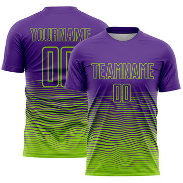 Custom Purple Neon Green Gradient Wave Line Sports Sublimation Soccer Uniform Jersey