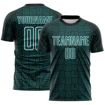 Custom Black Teal-White Geometric Maze Interlocking Square Sports Sublimation Soccer Uniform Jersey