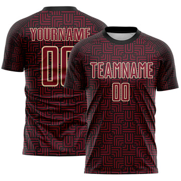 Custom Black Crimson-Cream Geometric Maze Interlocking Square Sports Sublimation Soccer Uniform Jersey