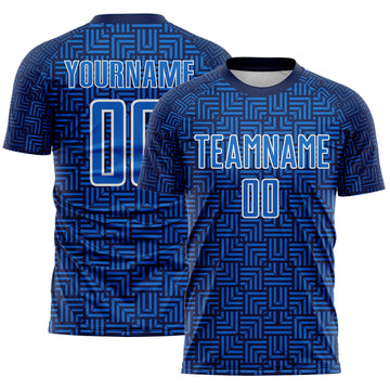 Custom Navy Blue-White Geometric Maze Interlocking Square Sports Sublimation Soccer Uniform Jersey