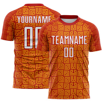 Custom Red White-Gold Geometric Maze Interlocking Square Sports Sublimation Soccer Uniform Jersey
