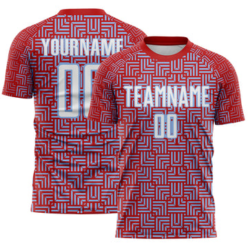 Custom Red White-Light Blue Geometric Maze Interlocking Square Sports Sublimation Soccer Uniform Jersey