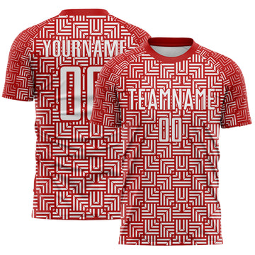 Custom Red White Geometric Maze Interlocking Square Sports Sublimation Soccer Uniform Jersey