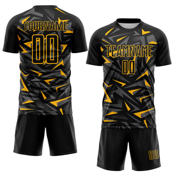 Custom Black Gold-Steel Gray Cyber Mecha E-sport Geometric Shards Spike Sublimation Soccer Uniform Jersey