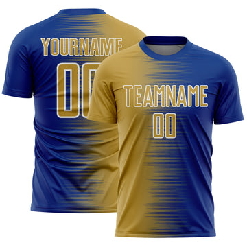 Custom Royal Old Gold-White Gradient Line Sublimation Soccer Uniform Jersey