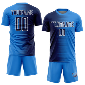 Custom Powder Blue Navy-White Gradient Line Sublimation Soccer Uniform Jersey