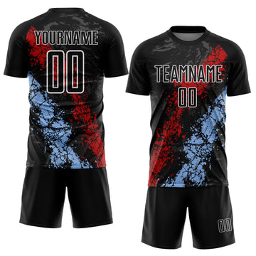 Custom Black White Red-Light Blue Dripping Splatter Cracked Texture Sublimation Soccer Uniform Jersey