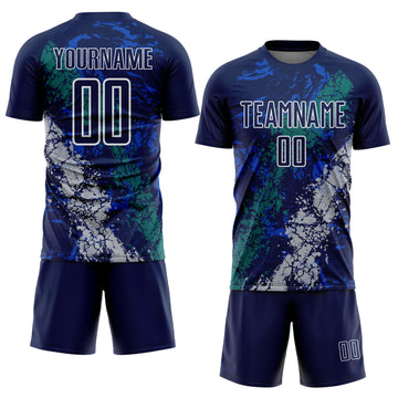 Custom Navy White Teal-Gray Dripping Splatter Cracked Texture Sublimation Soccer Uniform Jersey