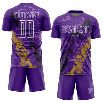 Custom Purple White Old Gold-Black Dripping Splatter Cracked Texture Sublimation Soccer Uniform Jersey