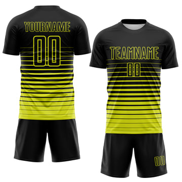Custom Black Neon Yellow Gradient Pinstripe Sublimation Soccer Uniform Jersey