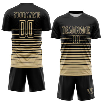 Custom Black Vegas Gold Gradient Pinstripe Sublimation Soccer Uniform Jersey