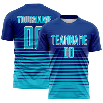 Custom Royal Lakes Blue-White Gradient Pinstripe Sublimation Soccer Uniform Jersey