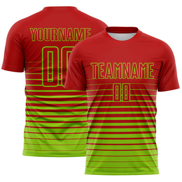 Custom Red Neon Green Gradient Pinstripe Sublimation Soccer Uniform Jersey
