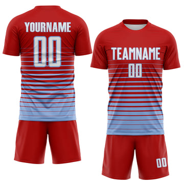 Custom Red White-Light Blue Gradient Pinstripe Sublimation Soccer Uniform Jersey