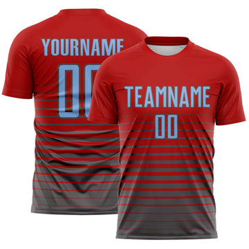 Custom Red Light Blue-Steel Gray Gradient Pinstripe Sublimation Soccer Uniform Jersey