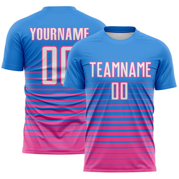 Custom Powder Blue White-Pink Gradient Pinstripe Sublimation Soccer Uniform Jersey