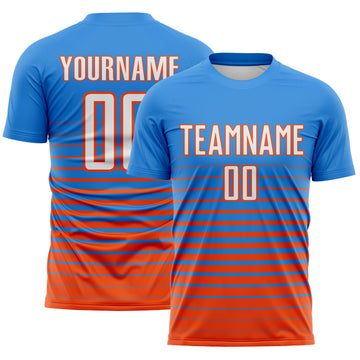 Custom Powder Blue White-Orange Gradient Pinstripe Sublimation Soccer Uniform Jersey