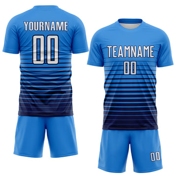 Custom Powder Blue White-Navy Gradient Pinstripe Sublimation Soccer Uniform Jersey