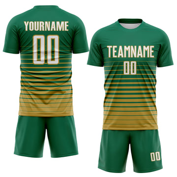Custom Kelly Green White-Old Gold Gradient Pinstripe Sublimation Soccer Uniform Jersey