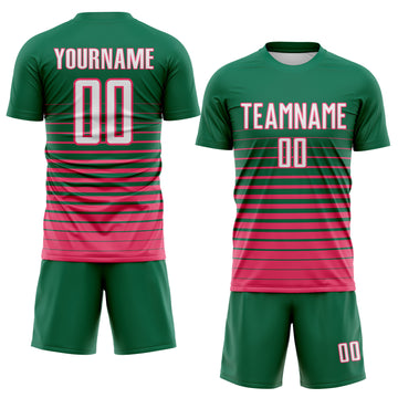 Custom Kelly Green White-Neon Pink Gradient Pinstripe Sublimation Soccer Uniform Jersey