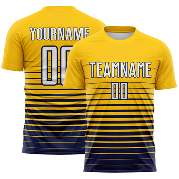 Custom Yellow White-Navy Gradient Pinstripe Sublimation Soccer Uniform Jersey