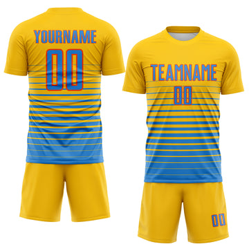 Custom Yellow Powder Blue-Orange Gradient Pinstripe Sublimation Soccer Uniform Jersey