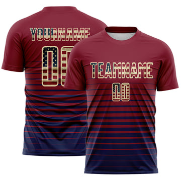 Custom Crimson Vintage USA Flag Cream-Navy Gradient Pinstripe Sublimation Soccer Uniform Jersey