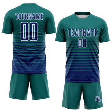 Custom Teal US Navy Blue-White Gradient Pinstripe Sublimation Soccer Uniform Jersey