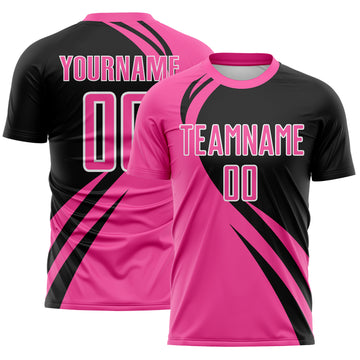 Custom Pink Black-White Diagonal Streamline Color Block Swirl Curve Lines Sublimation Soccer Uniform Jersey