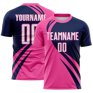 Custom Pink White-Navy Diagonal Streamline Color Block Swirl Curve Lines Sublimation Soccer Uniform Jersey