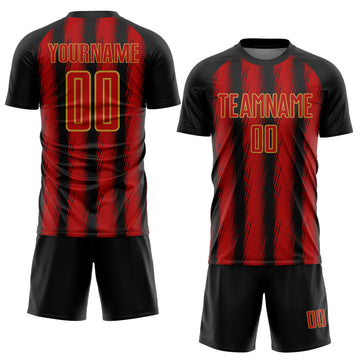 Custom Black Red-Old Gold Vertical Brush Stroke Stripes Sublimation Soccer Uniform Jersey