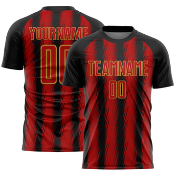 Custom Black Red-Old Gold Vertical Brush Stroke Stripes Sublimation Soccer Uniform Jersey