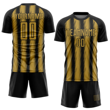 Custom Black Old Gold Vertical Brush Stroke Stripes Sublimation Soccer Uniform Jersey