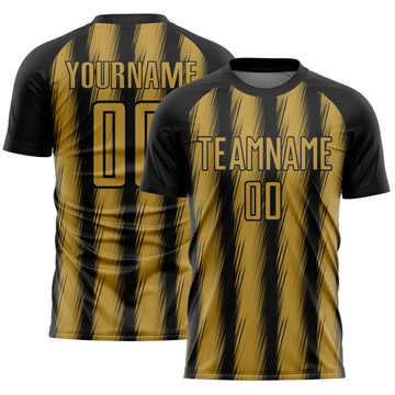 Custom Black Old Gold Vertical Brush Stroke Stripes Sublimation Soccer Uniform Jersey