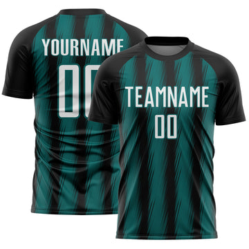 Custom Black White-Teal Vertical Brush Stroke Stripes Sublimation Soccer Uniform Jersey