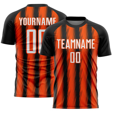 Custom Black White-Orange Vertical Brush Stroke Stripes Sublimation Soccer Uniform Jersey