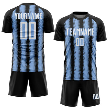 Custom Black White-Light Blue Vertical Brush Stroke Stripes Sublimation Soccer Uniform Jersey