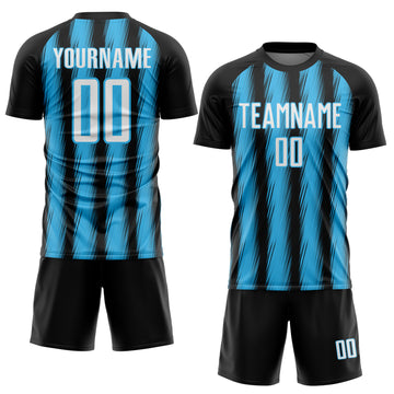 Custom Black White-Sky Blue Vertical Brush Stroke Stripes Sublimation Soccer Uniform Jersey
