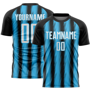 Custom Black White-Sky Blue Vertical Brush Stroke Stripes Sublimation Soccer Uniform Jersey