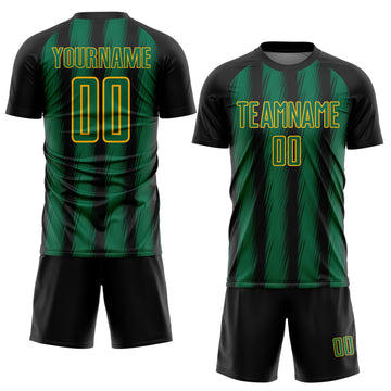 Custom Black Kelly Green-Gold Vertical Brush Stroke Stripes Sublimation Soccer Uniform Jersey