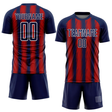 Custom Navy Red-White Vertical Brush Stroke Stripes Sublimation Soccer Uniform Jersey